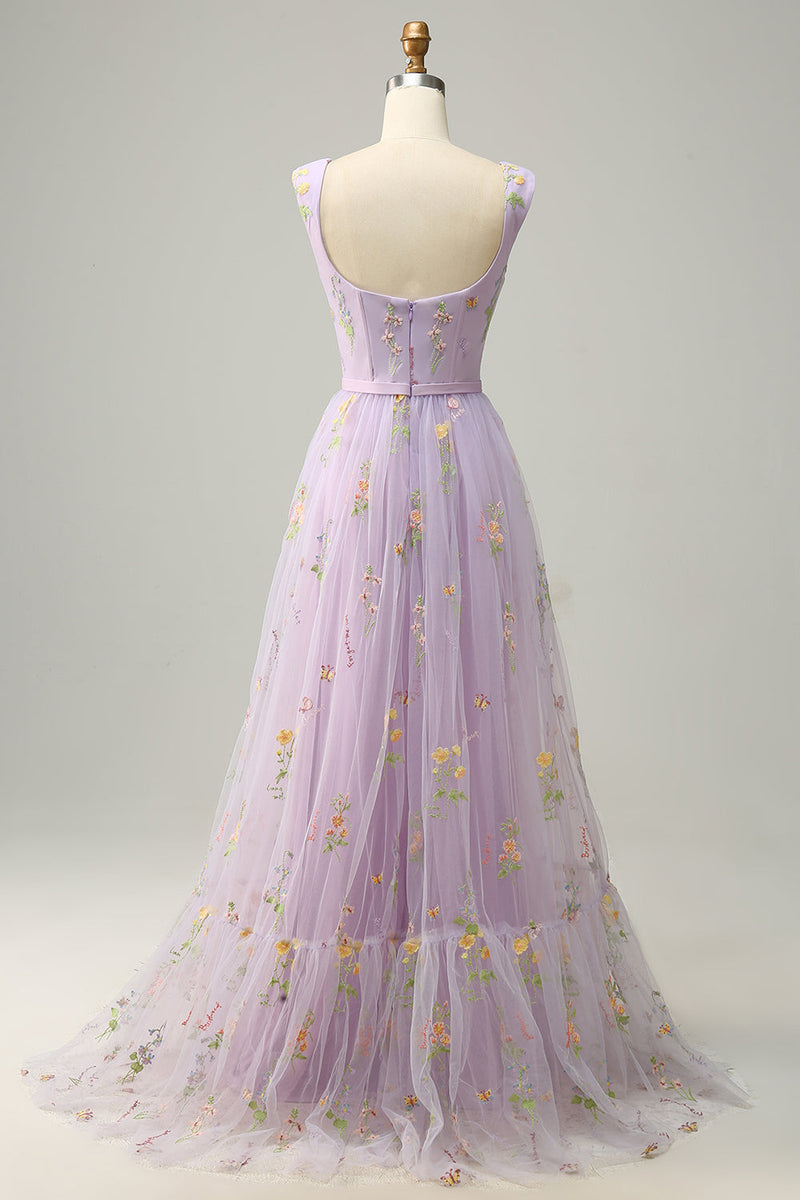 Load image into Gallery viewer, A-Line Square Neck Purple Long Formal Dress with Embroidery