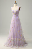 A-Line Square Neck Purple Long Formal Dress with Embroidery