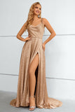 Khaki Spaghetti Straps Bowknot Formal Dress With Slit