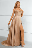 Khaki Spaghetti Straps Bowknot Formal Dress With Slit