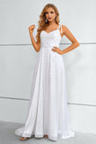 White Spaghetti Straps Bowknot Formal Dress With Slit