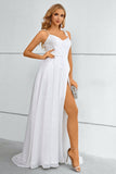 White Spaghetti Straps Bowknot Formal Dress With Slit