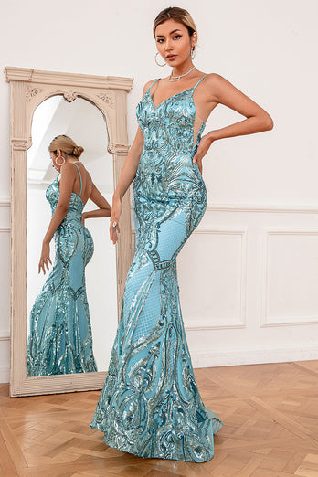 Blue Mermaid Sequin Long Formal Dress