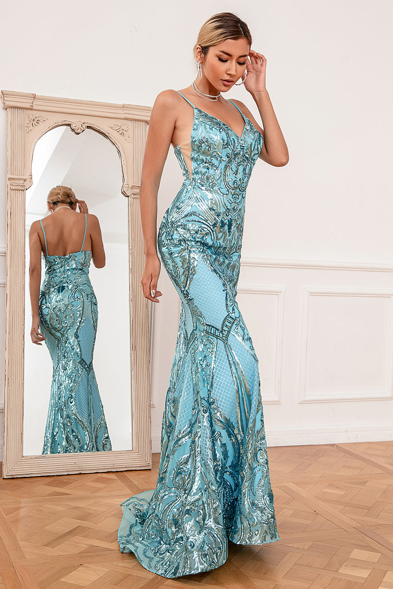 Load image into Gallery viewer, Blue Mermaid Sequin Long Formal Dress