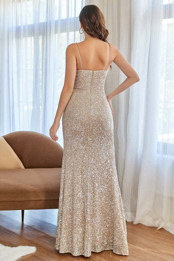 Champagne Mermaid Sequins Formal Dress with Slit