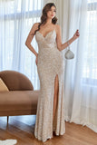 Champagne Mermaid Sequins Formal Dress with Slit