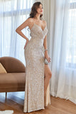 Champagne Mermaid Sequins Formal Dress with Slit