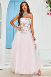 Strapless A Line Pink Tulle Formal Dress with Appliques