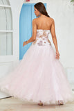 Strapless A Line Pink Tulle Formal Dress with Appliques