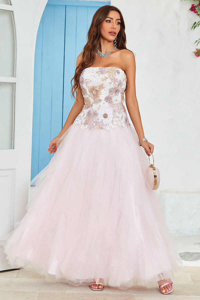 Load image into Gallery viewer, Strapless A Line Pink Tulle Formal Dress with Appliques