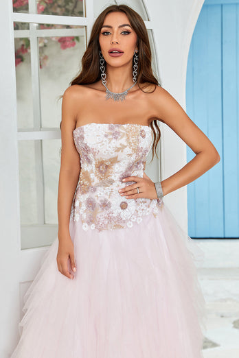 Strapless A Line Pink Tulle Formal Dress with Appliques