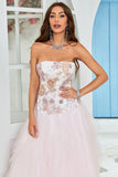 Strapless A Line Pink Tulle Formal Dress with Appliques