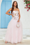 Strapless A Line Pink Tulle Formal Dress with Appliques