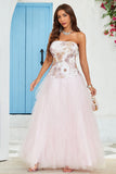 Strapless A Line Pink Tulle Formal Dress with Appliques