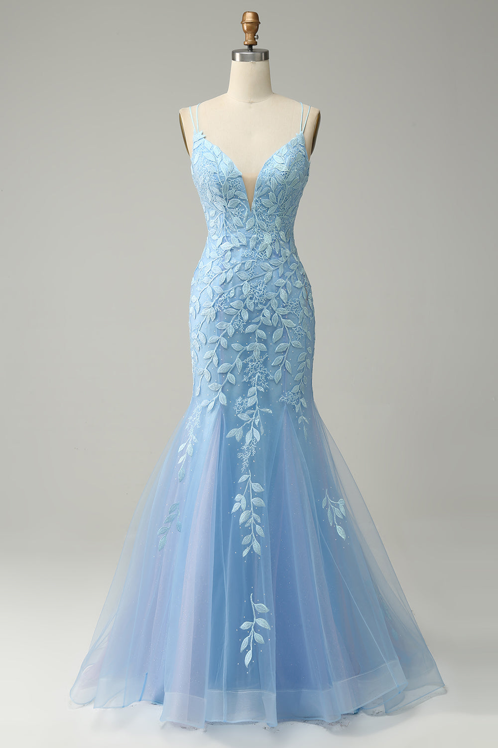 Spaghetti Straps Mermaid Blue Long Formal Dress With Appliques