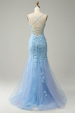 Spaghetti Straps Mermaid Blue Long Formal Dress With Appliques