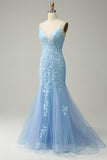 Spaghetti Straps Mermaid Blue Long Formal Dress With Appliques