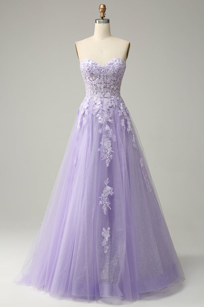 Load image into Gallery viewer, A Line Spaghetti Straps Detachable Long Purple Formal Dress with Appliques