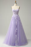 A Line Spaghetti Straps Detachable Long Purple Formal Dress with Appliques