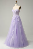 A Line Spaghetti Straps Detachable Long Purple Formal Dress with Appliques