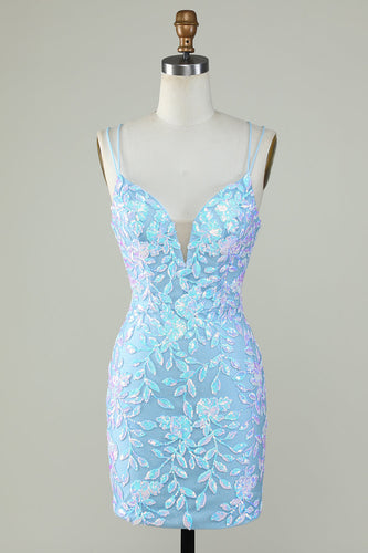Sparkly Lace-Up Back Light Blue Short Formal Dress