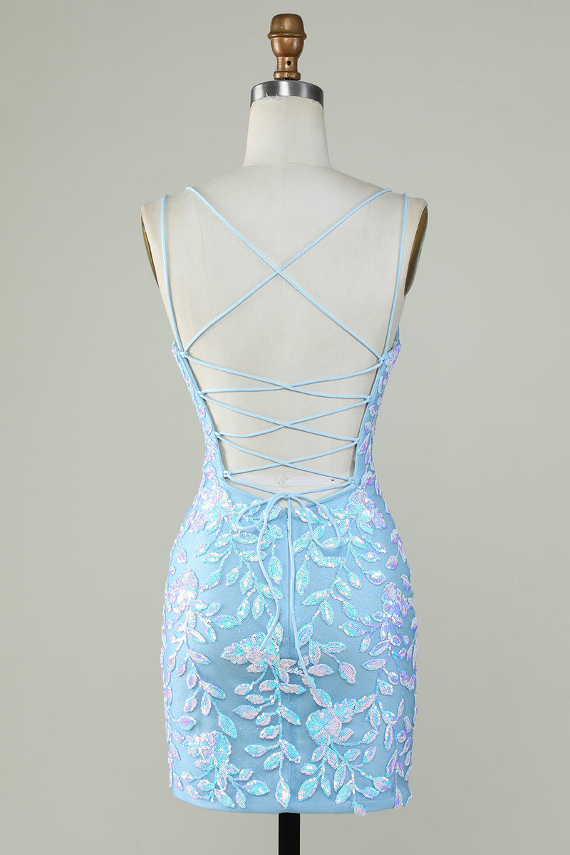 Load image into Gallery viewer, Sparkly Lace-Up Back Light Blue Short Formal Dress