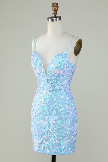 Sparkly Lace-Up Back Light Blue Short Formal Dress