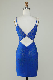 Royal Blue Beaded Spaghetti Straps Bodycon Short Formal Dress