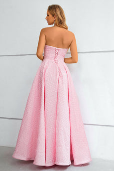 Pink Lace Up A-Line Strapless Formal Dress