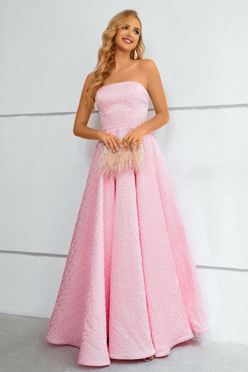 Pink Lace Up A-Line Strapless Formal Dress