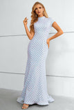 Light Blue Sequined High Neck Short Sleeves Mermaid Formal Dress