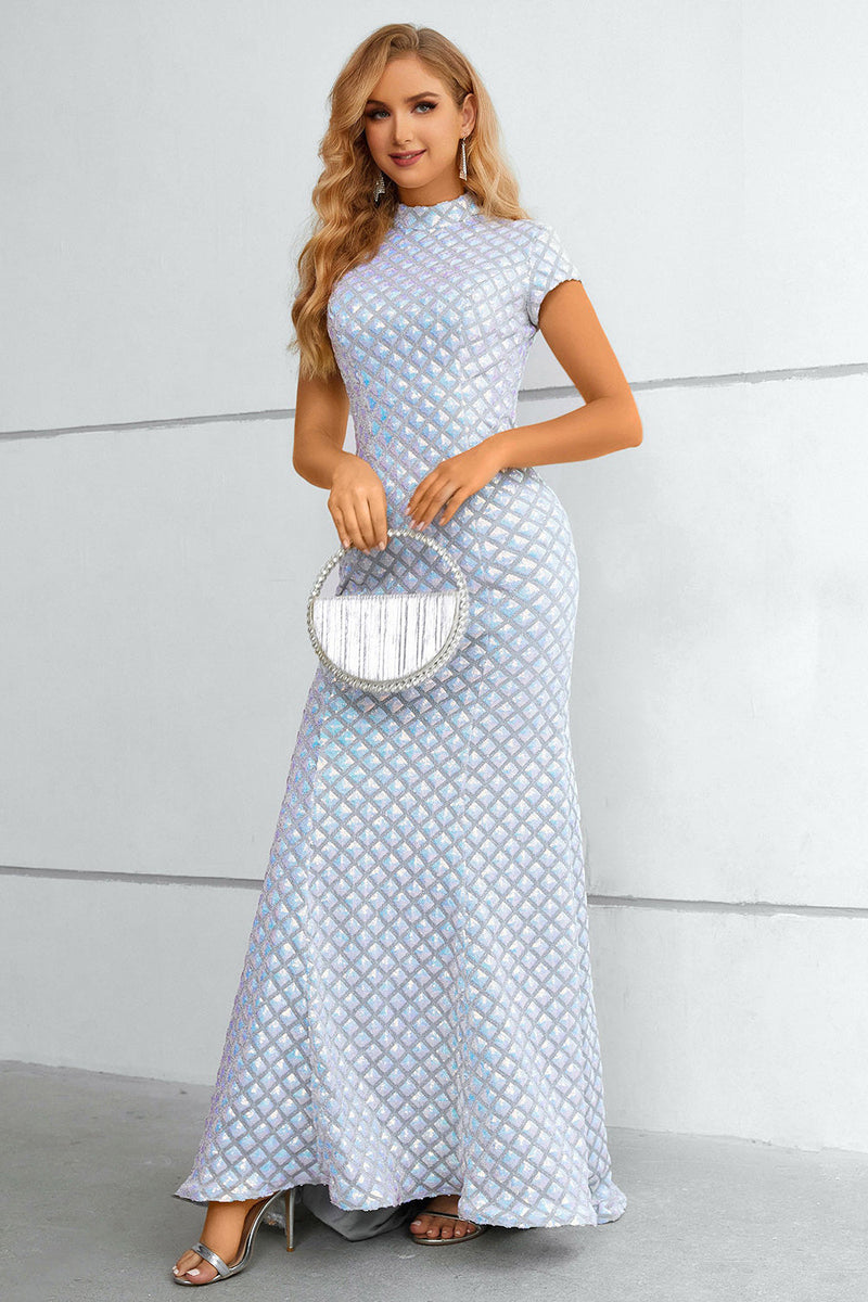 Load image into Gallery viewer, Light Blue Sequined High Neck Short Sleeves Mermaid Formal Dress