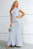 Light Blue Sequined High Neck Short Sleeves Mermaid Formal Dress