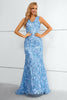 Load image into Gallery viewer, Blue V-Neck Mermaid Formal Dress With Flowers and Appliques