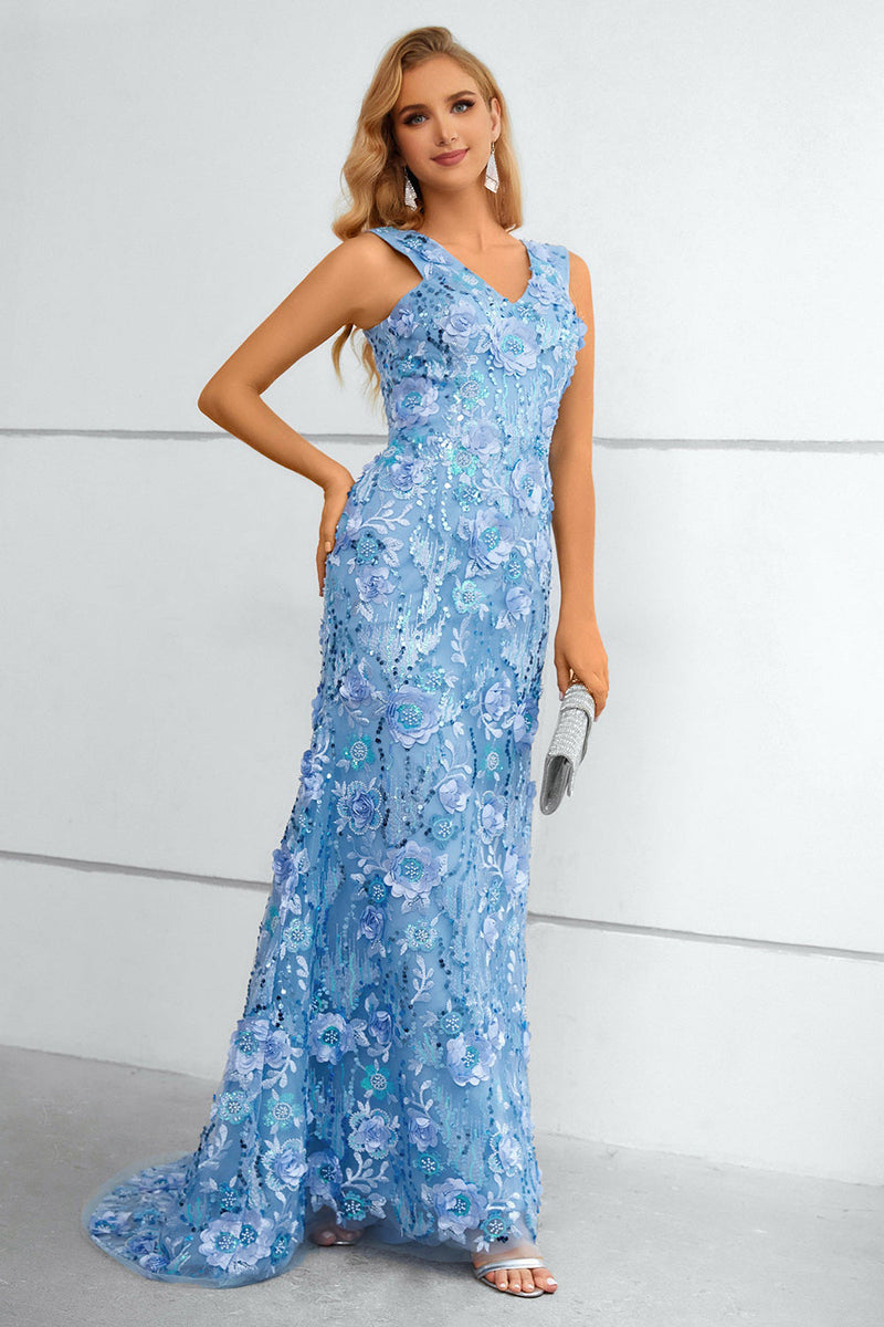 Load image into Gallery viewer, Blue V-Neck Mermaid Formal Dress With Flowers and Appliques