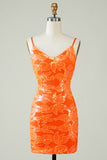 Orange Glitter Tight Short Formal Dress with Backless