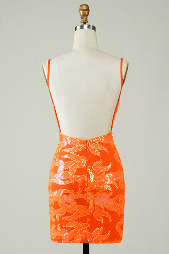 Orange Glitter Tight Short Formal Dress with Backless