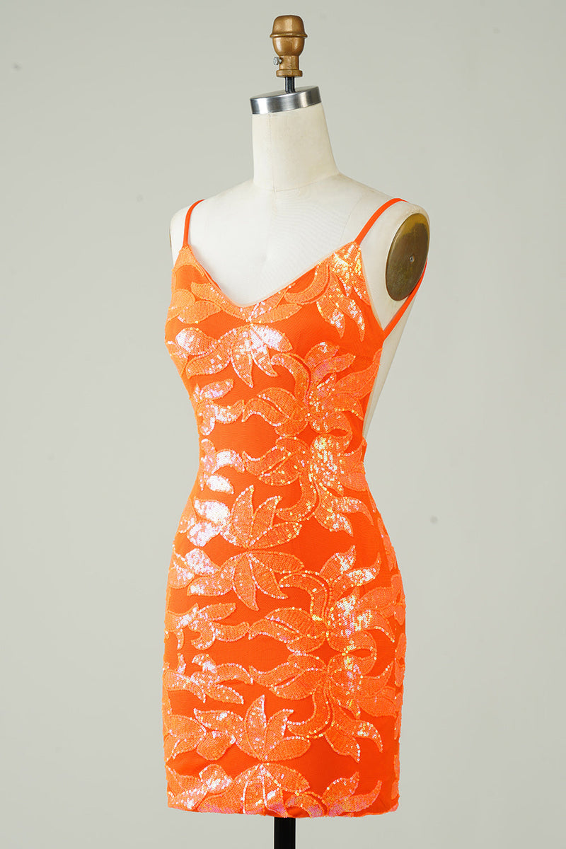 Load image into Gallery viewer, Orange Glitter Tight Short Formal Dress with Backless