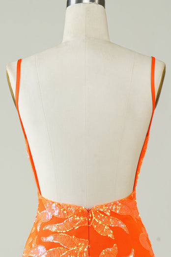 Orange Glitter Tight Short Formal Dress with Backless