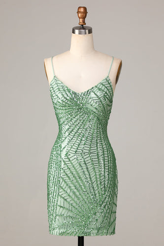 Sheath Spaghetti Straps Green Sequins Short Formal Dress with Criss Cross Back