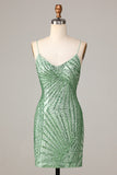 Sheath Spaghetti Straps Green Sequins Short Formal Dress with Criss Cross Back