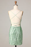 Sheath Spaghetti Straps Green Sequins Short Formal Dress with Criss Cross Back