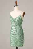 Sheath Spaghetti Straps Green Sequins Short Formal Dress with Criss Cross Back