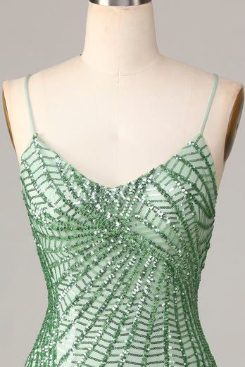 Sheath Spaghetti Straps Green Sequins Short Formal Dress with Criss Cross Back