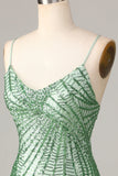 Sheath Spaghetti Straps Green Sequins Short Formal Dress with Criss Cross Back