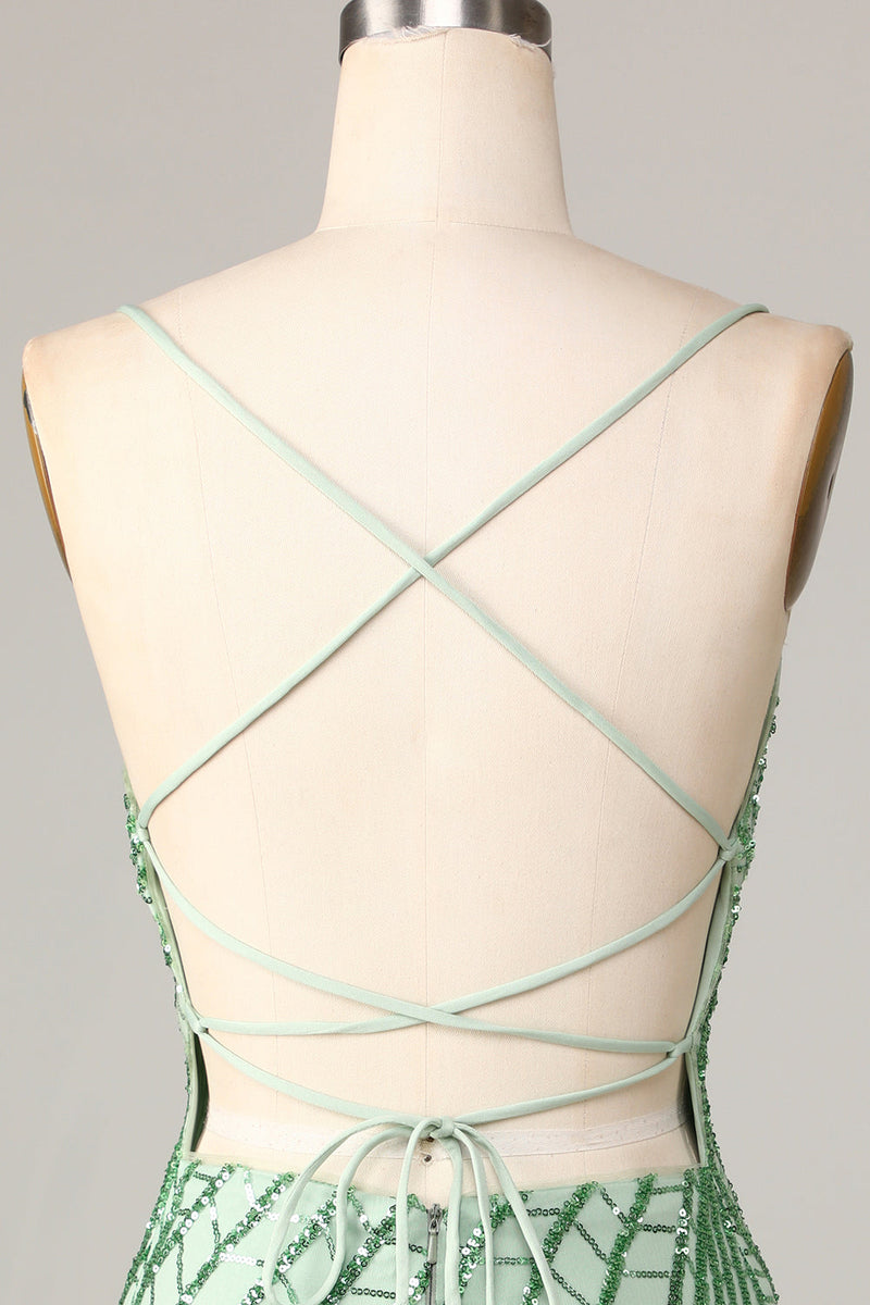 Load image into Gallery viewer, Sheath Spaghetti Straps Green Sequins Short Formal Dress with Criss Cross Back