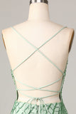 Sheath Spaghetti Straps Green Sequins Short Formal Dress with Criss Cross Back