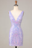 Bodycon V-Neck Lilac Sequins Short Formal Dress