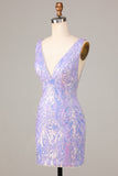 Bodycon V-Neck Lilac Sequins Short Formal Dress