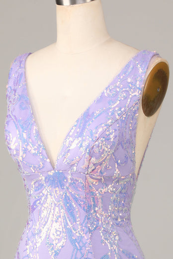 Bodycon V-Neck Lilac Sequins Short Formal Dress